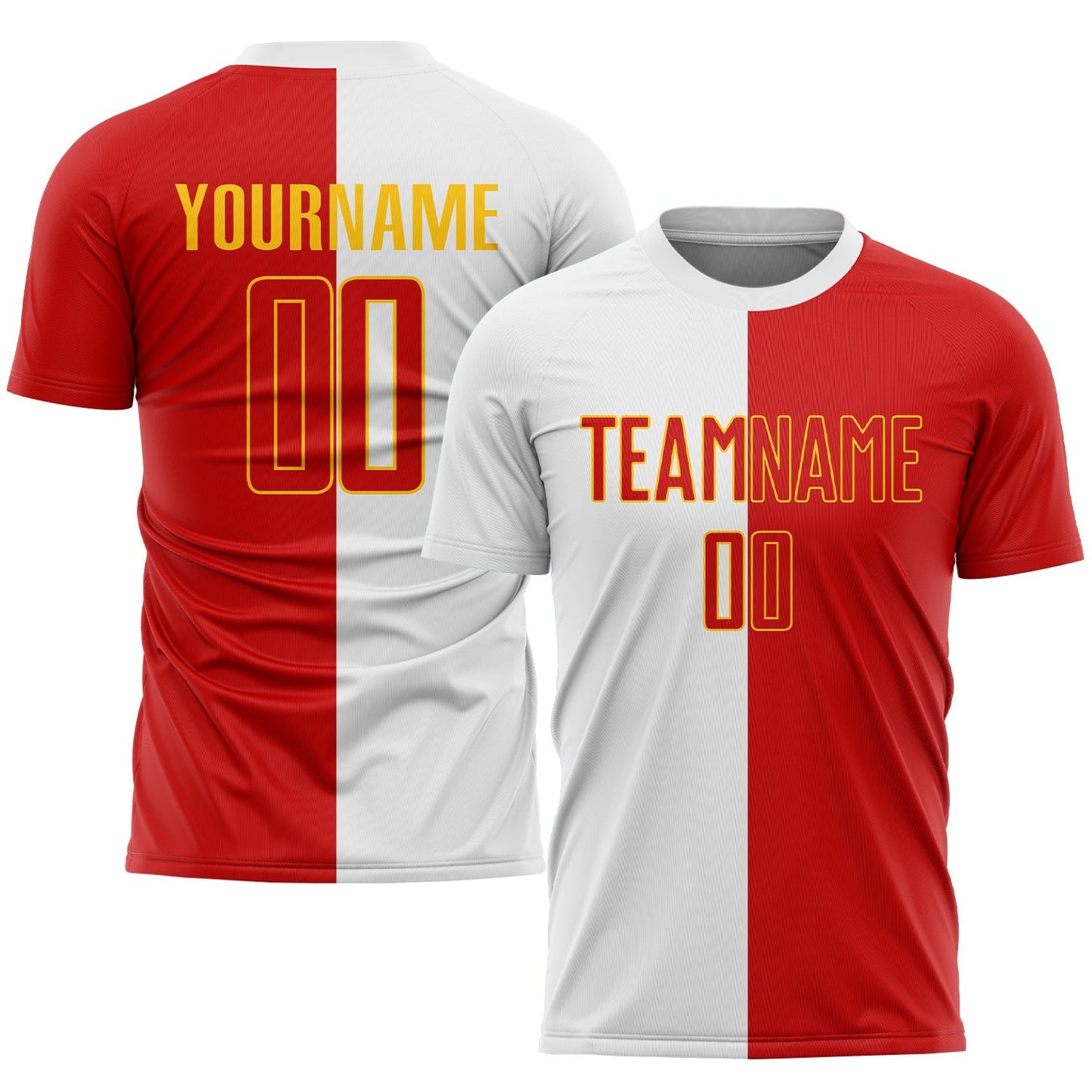Maillot de football personnalisé par sublimation en blanc, rouge et or, avec séparation des couleurs.