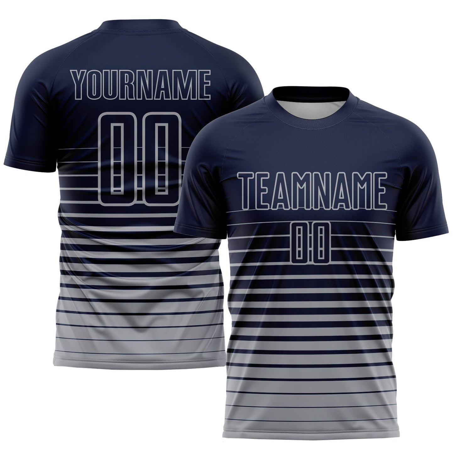 Maillot de football personnalisé et tendance, imprimé par sublimation, avec rayures grises et marine.