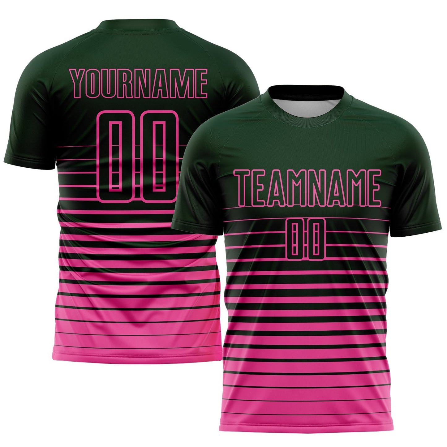 Maillot de football personnalisé et tendance, imprimé par sublimation, avec des rayures vertes et roses et un effet dégradé.