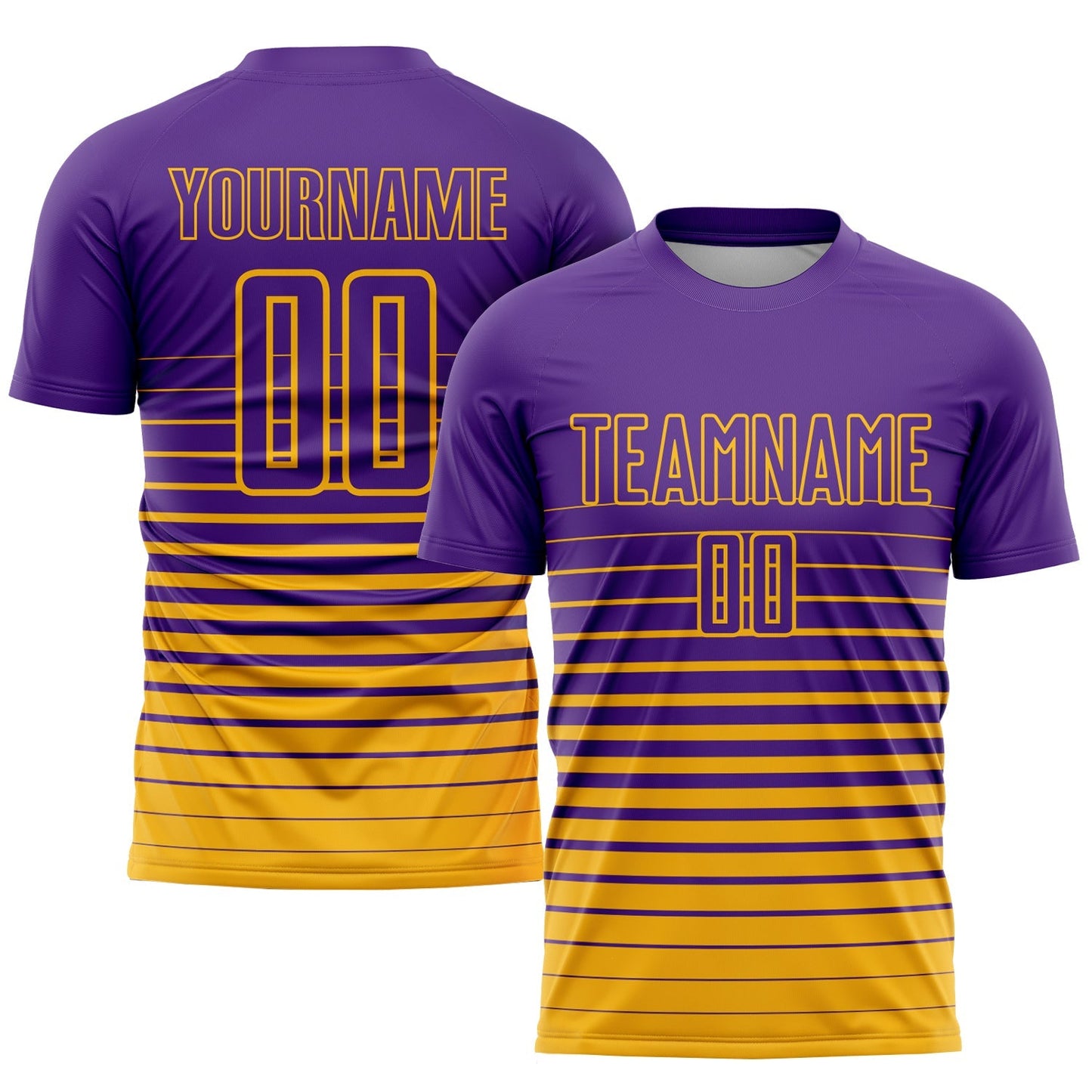 Maillot de football personnalisé et tendance, imprimé par sublimation, avec des rayures dorées et violettes.