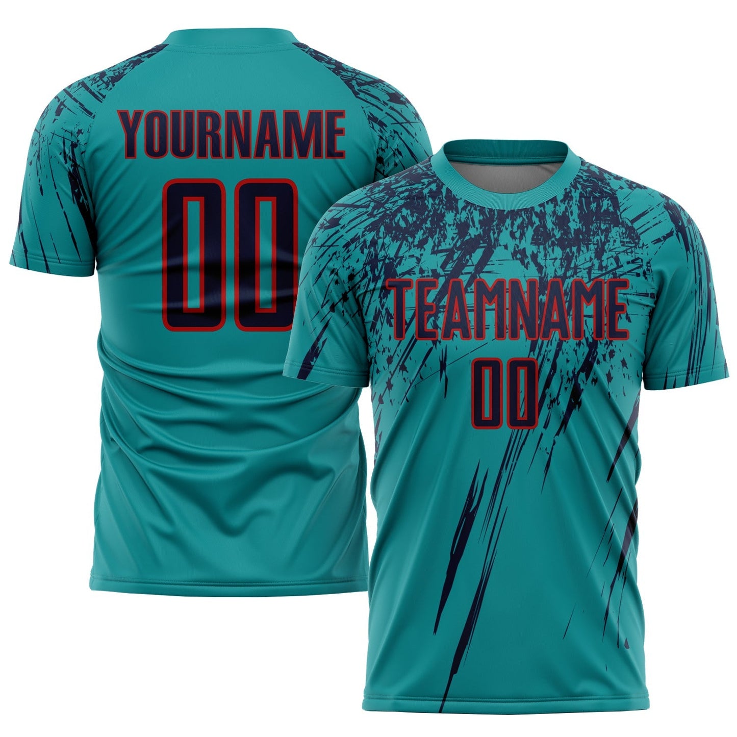 Maillot de football personnalisé par sublimation en bleu marine et rouge.