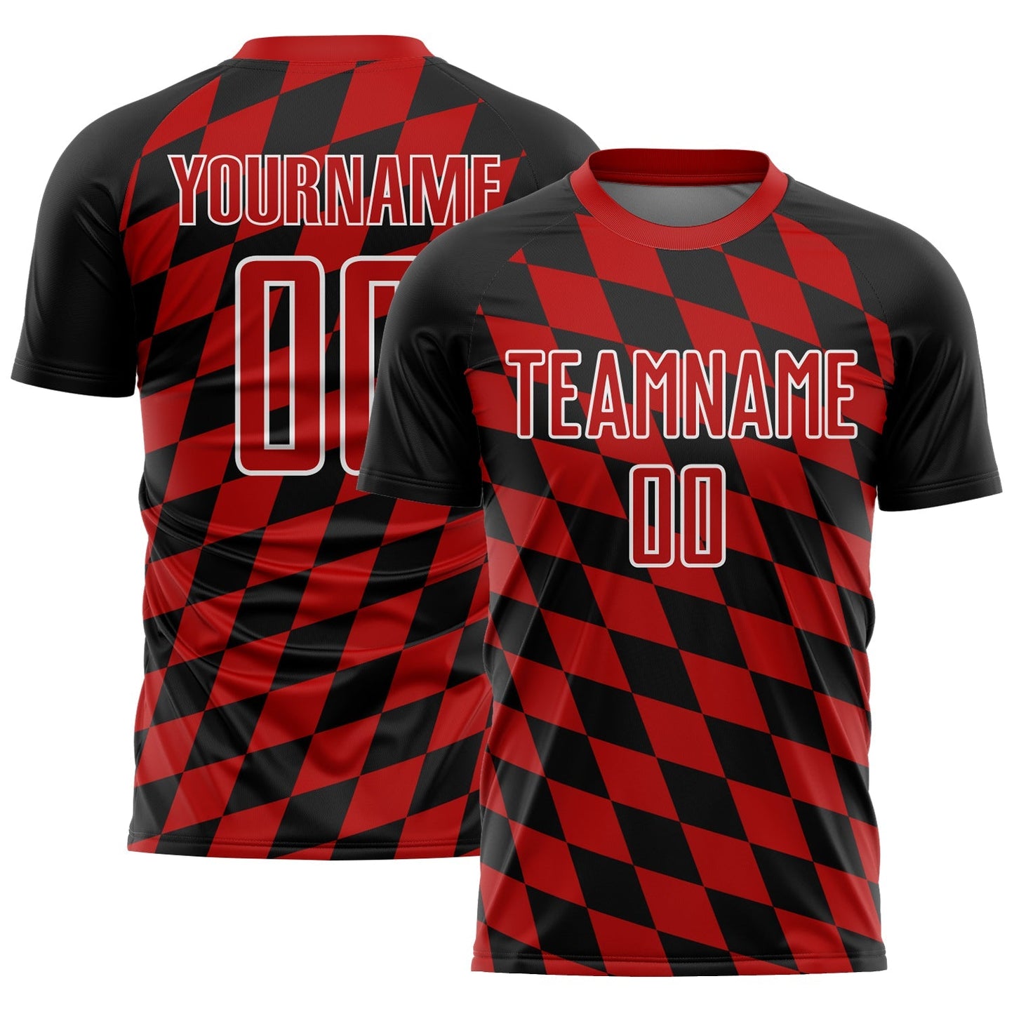 Maillot de football personnalisé avec motif losanges noir, rouge et blanc, sublimé