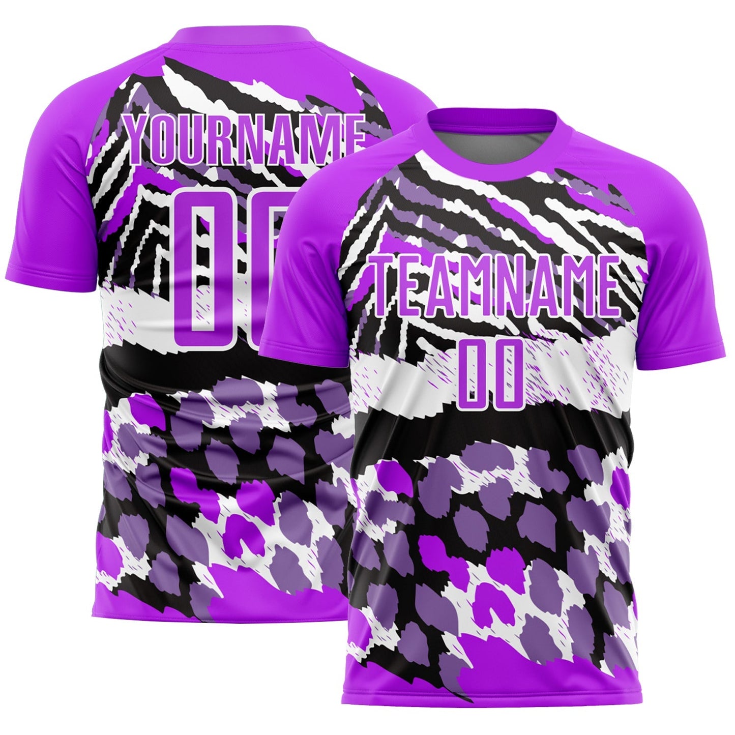 Maillot de football personnalisé avec imprimé animal sublimé violet, noir et blanc