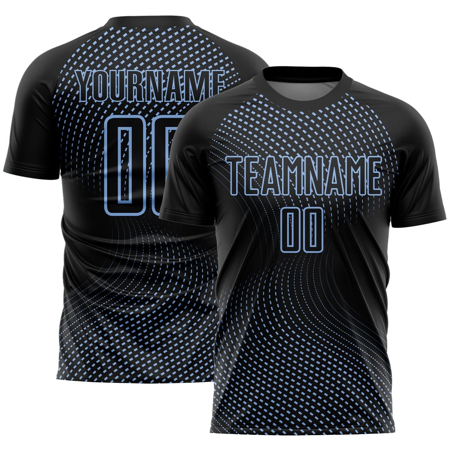 Maillot de football personnalisé avec des lignes géométriques sublimées bleu clair et noir