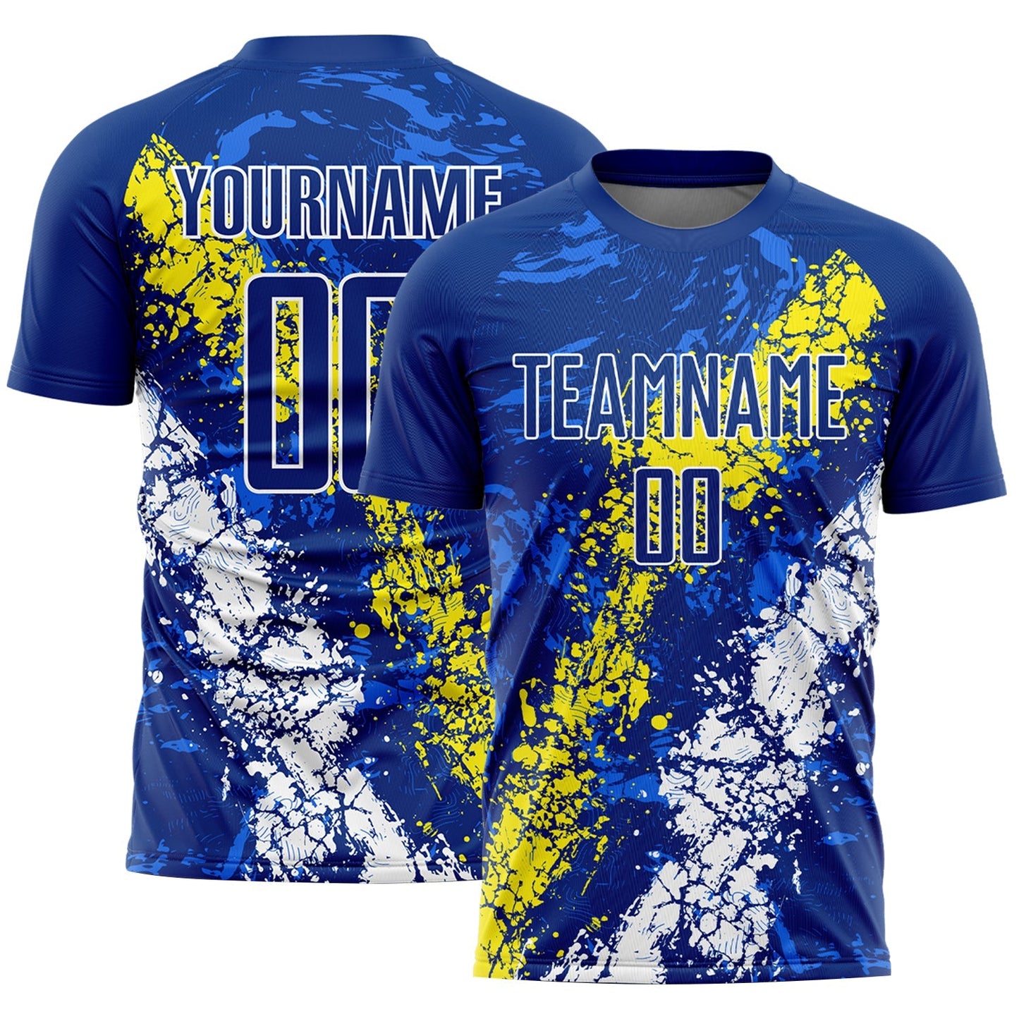 Maillot de football personnalisé avec un motif d'éclaboussures artistiques par sublimation, de couleur jaune roi clair et blanc.