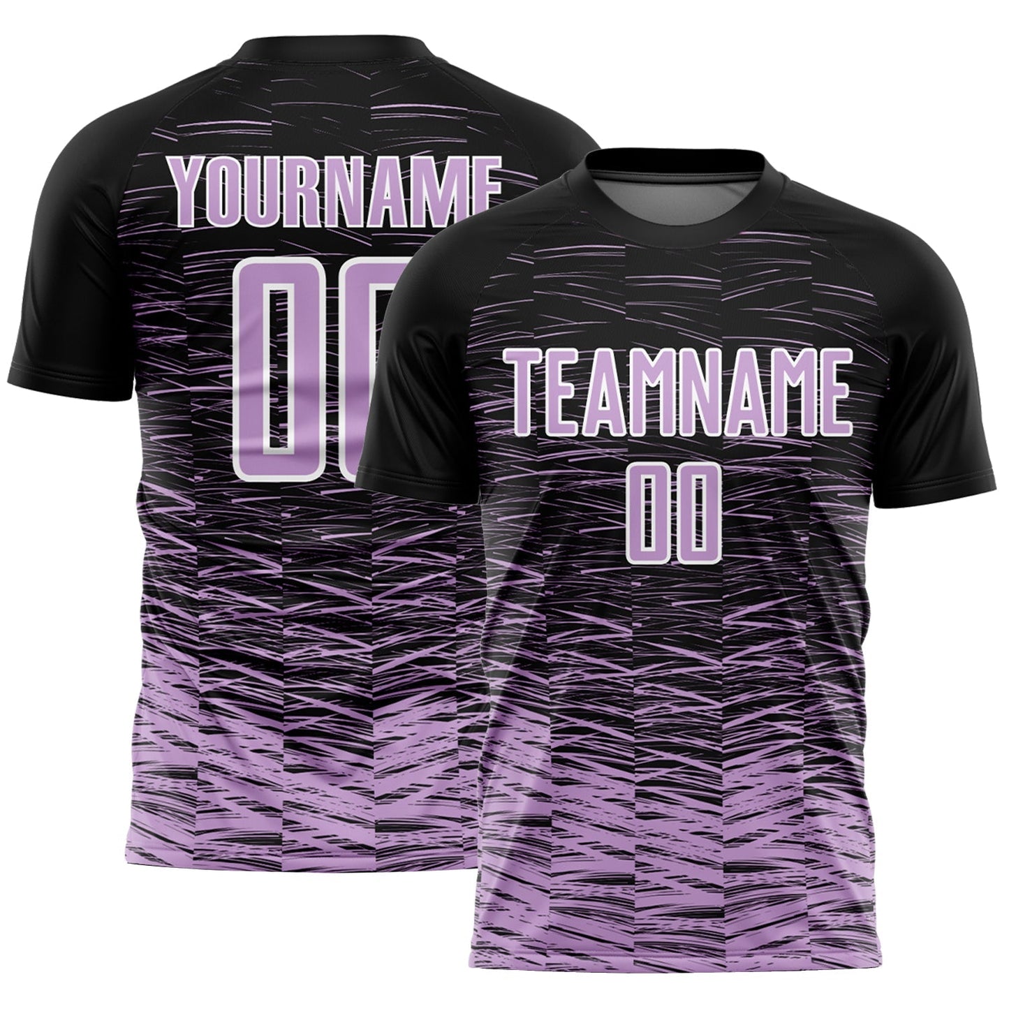 Maillot de football personnalisé avec des lignes sublimées en noir, violet clair et blanc
