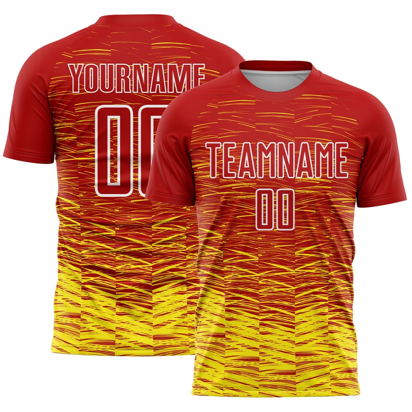 Maillot de football personnalisé avec rayures rouges, jaune clair et blanches sublimées