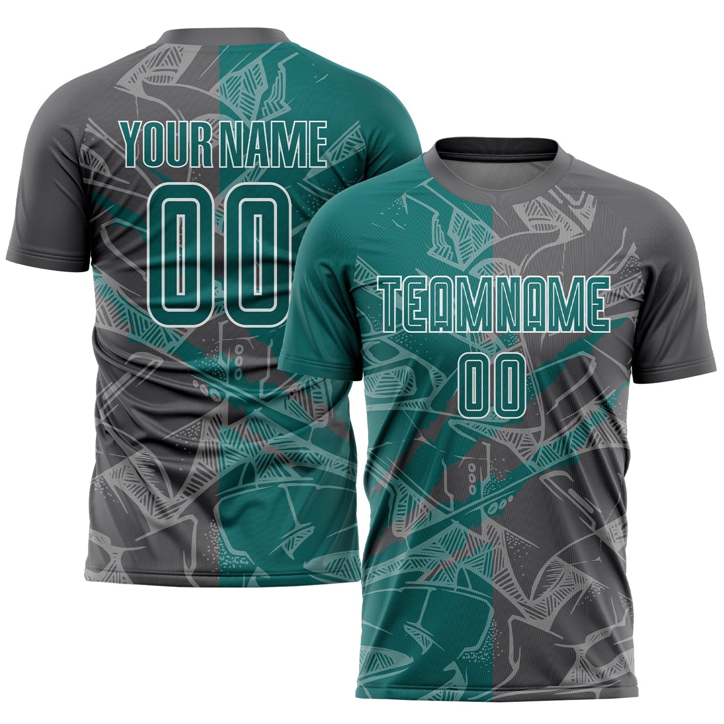 Maillot de football personnalisé avec imprimé graffiti, turquoise et gris acier, pour sublimation et rayures