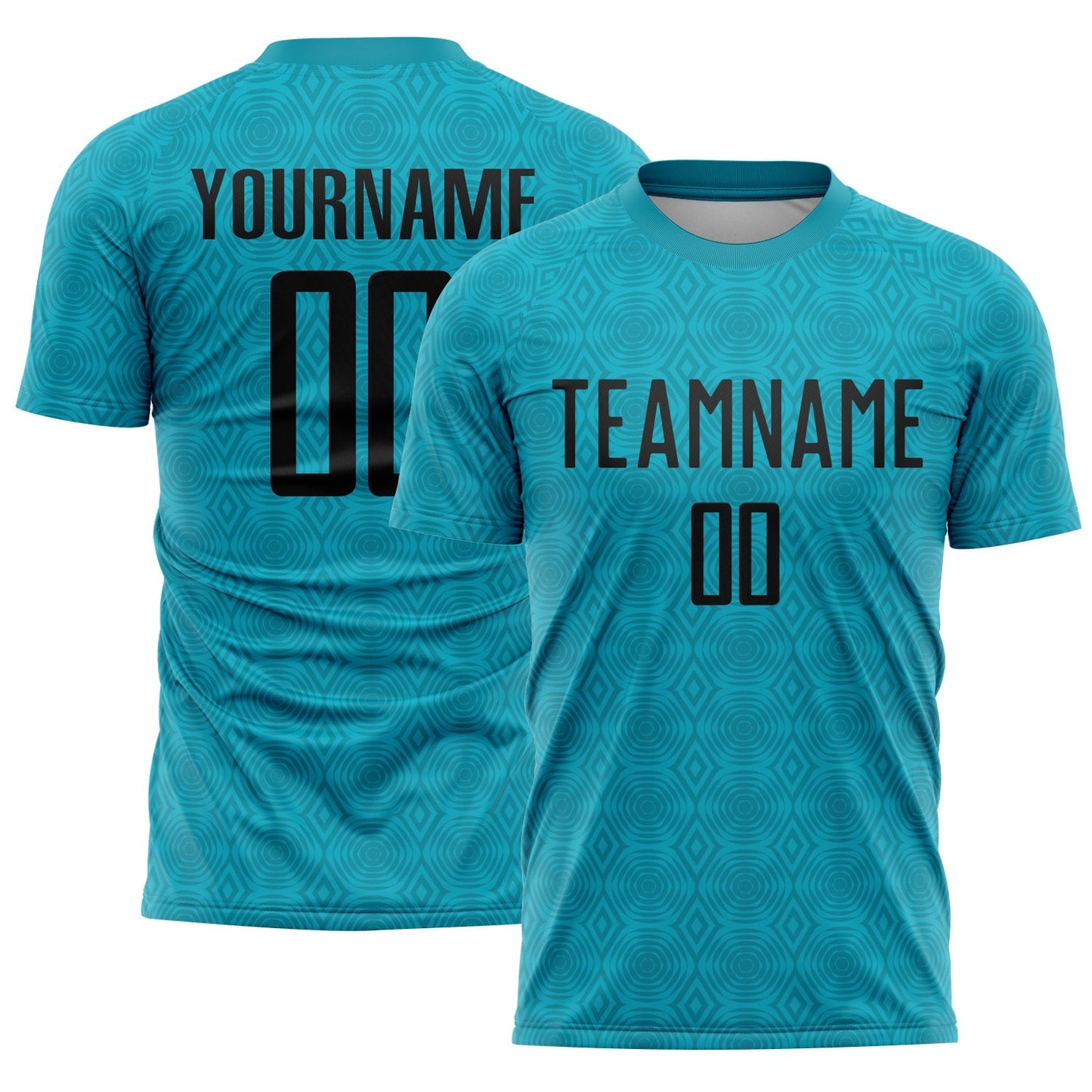Maillot de football personnalisé avec des formes géométriques sublimées en turquoise et noir