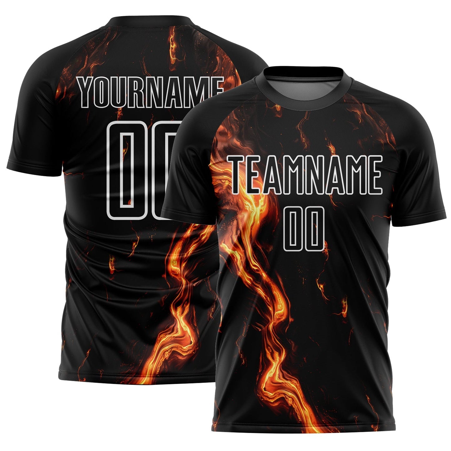 Maillot de football personnalisé avec flammes noires, dorées et blanches sublimées