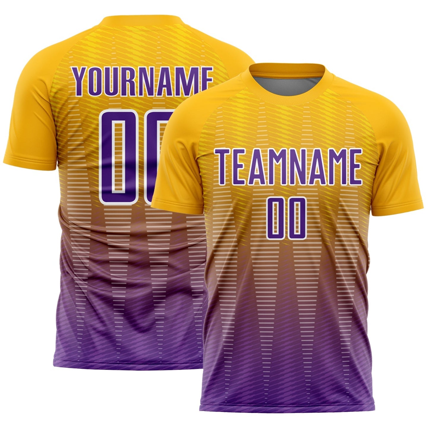 Maillot de football personnalisé avec des lignes dégradées sublimées or, violet et blanc