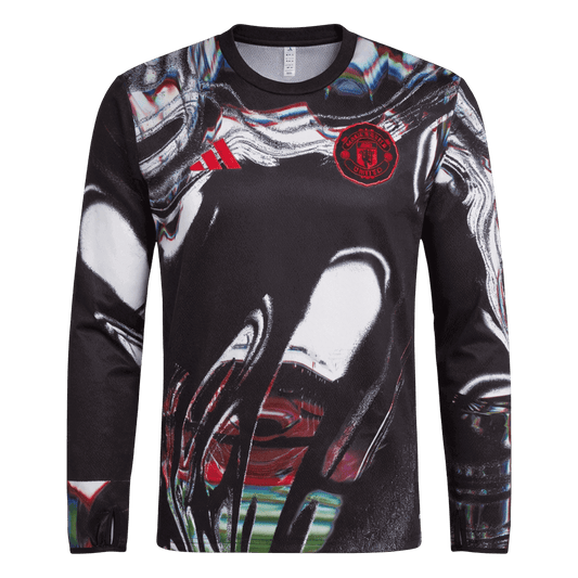Manchester United Pre-Match Maillot Manches Longues 2025/26 Noir Grande Taille
