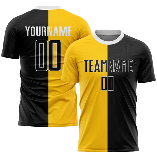 Maillot de football personnalisé avec sublimation noire et blanche, orné d'un motif divisé doré et tendance