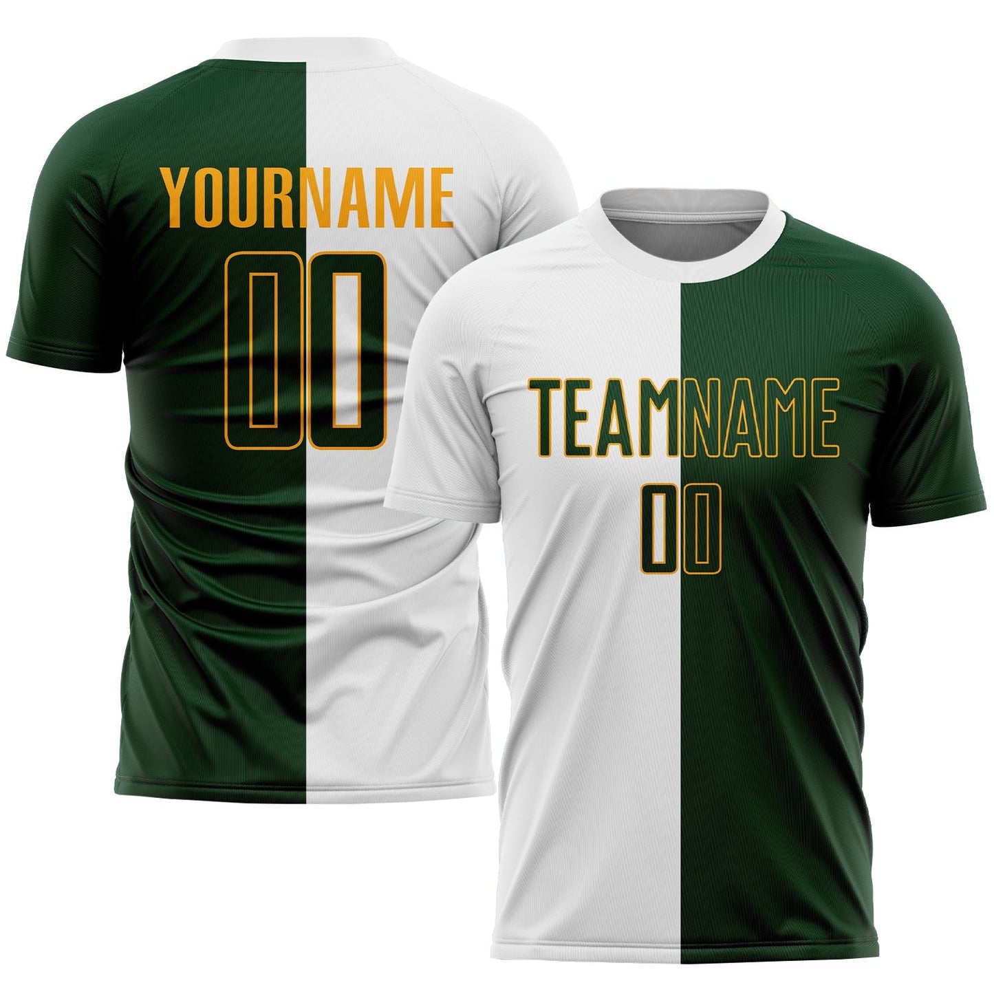 Maillot de football personnalisé avec sublimation en blanc, vert et or, divisé en deux parties