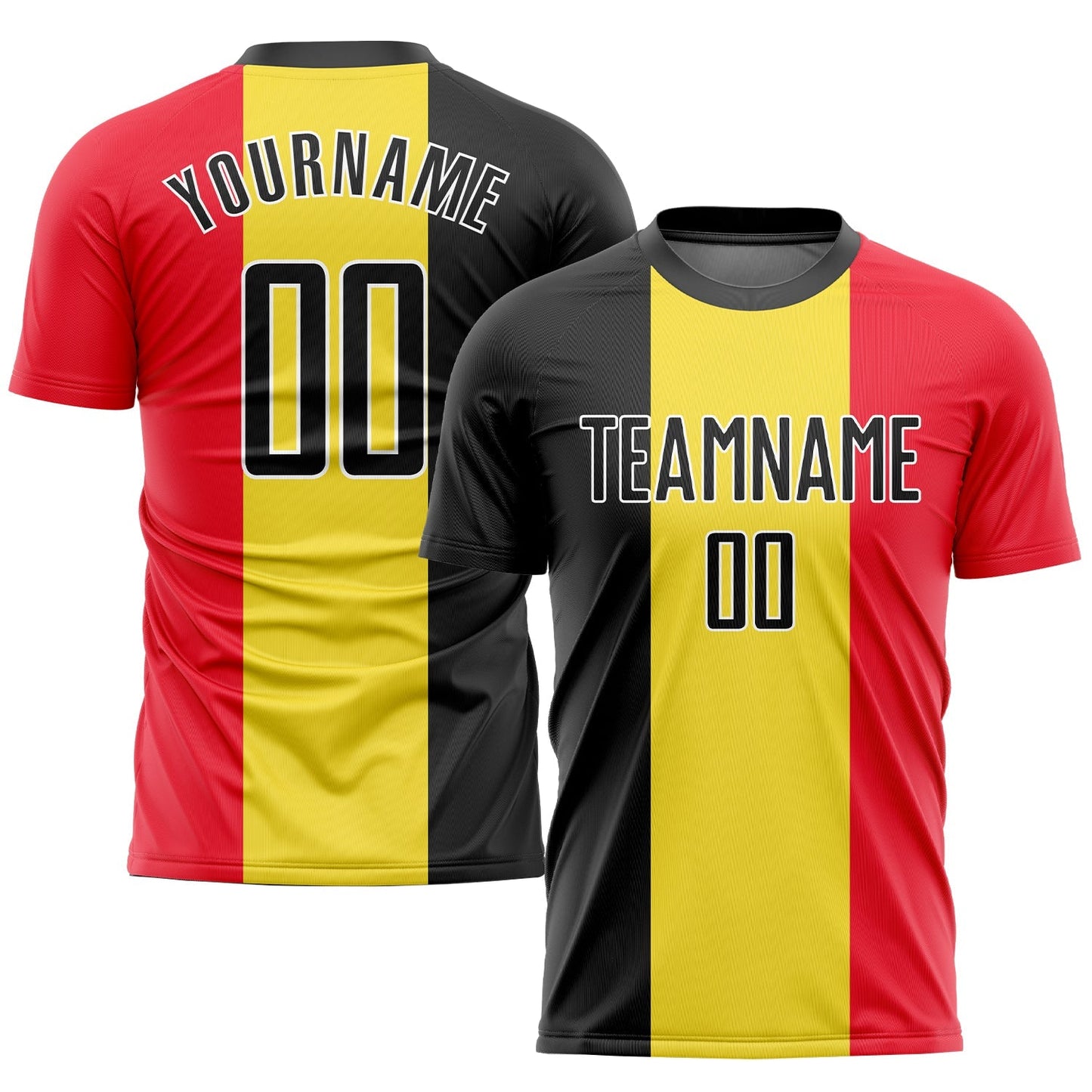 Maillot de football personnalisé avec drapeau belge sublimé en or, noir, rouge et blanc