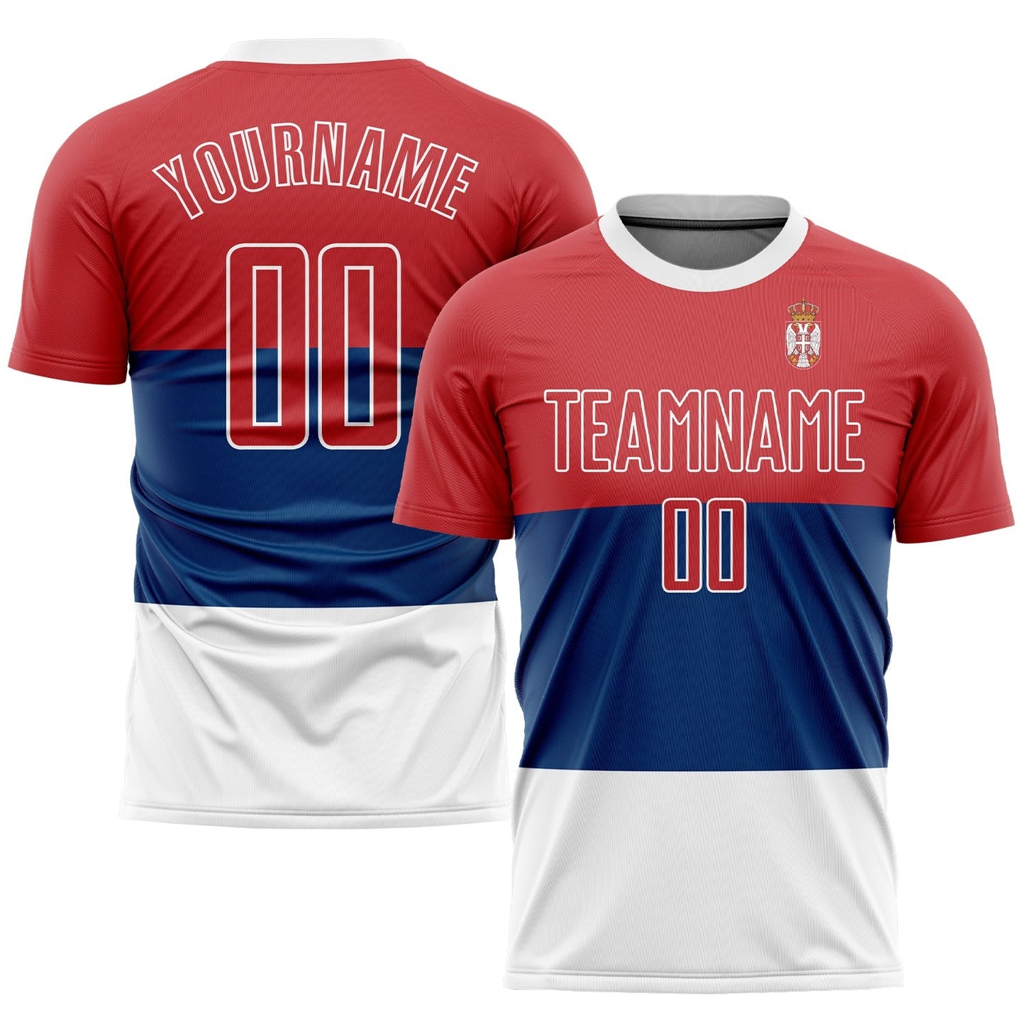 Maillot de football personnalisé avec le drapeau serbe, sublimé en rouge et blanc.