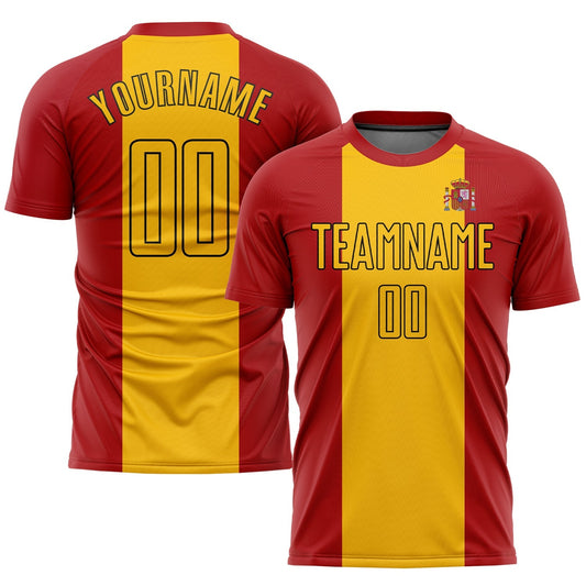 Maillot de football personnalisé avec drapeau espagnol sublimé en rouge, or et noir