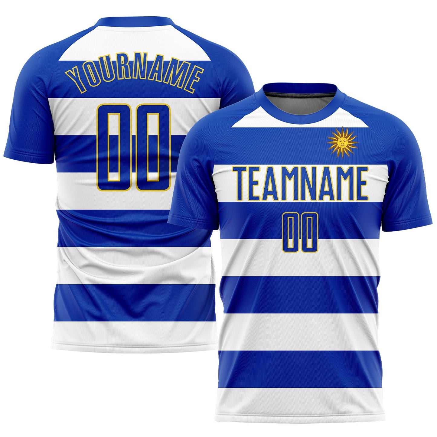 Maillot de football personnalisé avec drapeau uruguayen sublimé en blanc et or