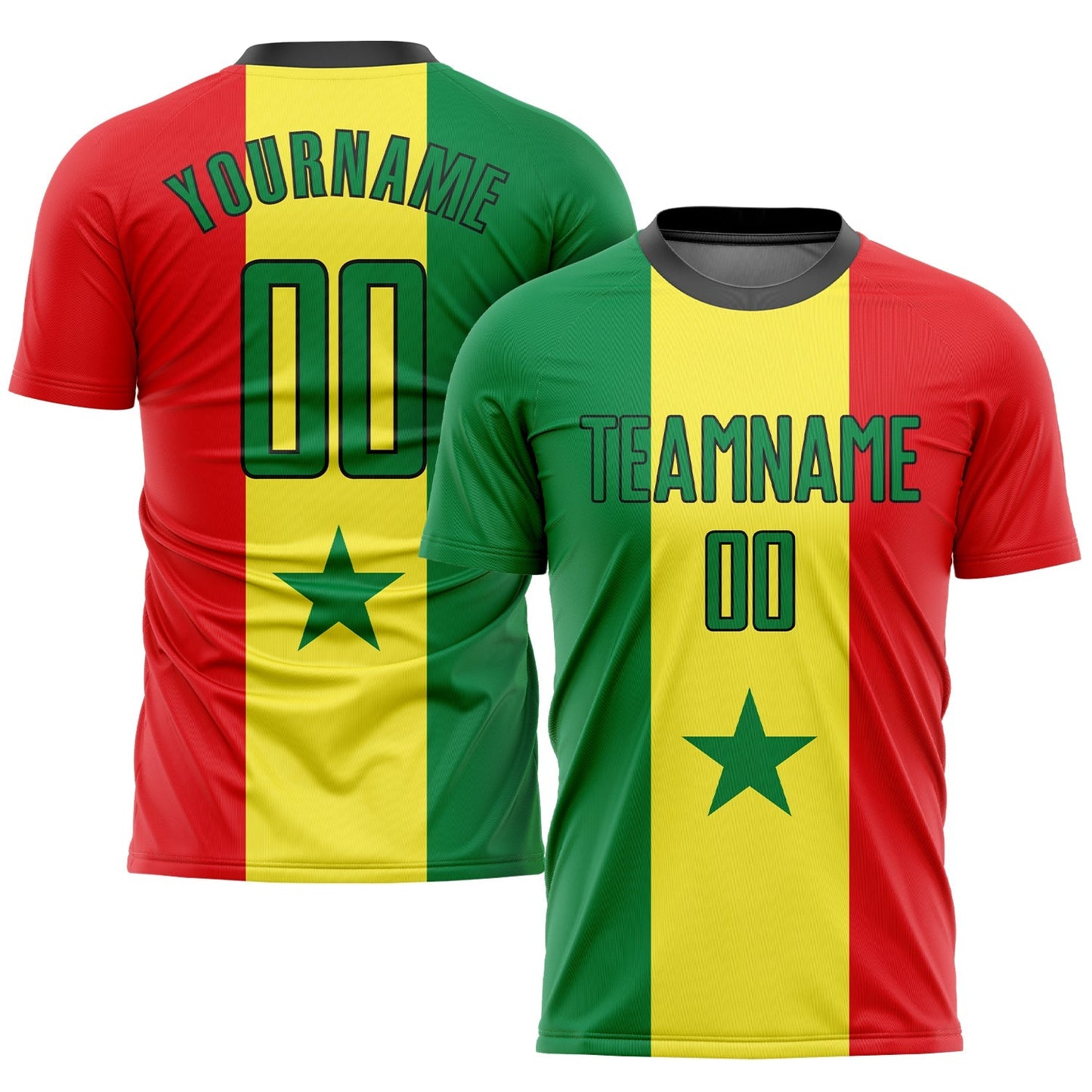 Maillot de football personnalisé avec drapeau sénégalais sublimé, vert Kelly, rouge et noir, or