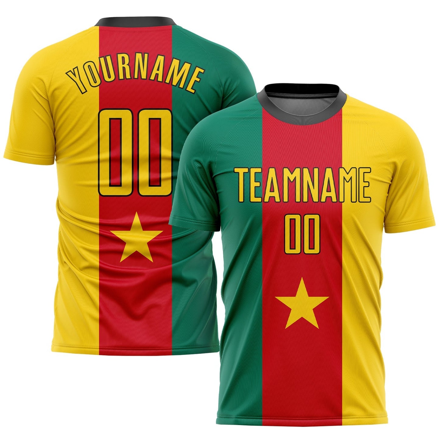Maillot de football personnalisé avec sublimation du drapeau camerounais, vert, or, rouge et noir.