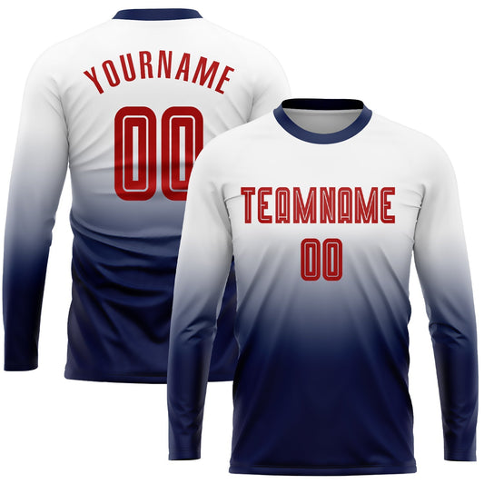 Maillot de football personnalisé à manches longues avec dégradé, sublimé en blanc, rouge et bleu marine
