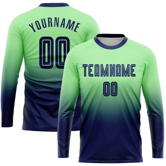 Maillot de football personnalisé à manches longues avec dégradé vert pois et bleu marine, sublimé