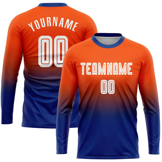 Maillot de football personnalisé à manches longues avec effet dégradé, orange, blanc et bleu roi, sublimé