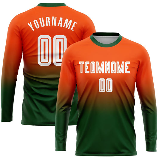 Maillot de football personnalisé à manches longues avec dégradé orange, blanc et vert, sublimé
