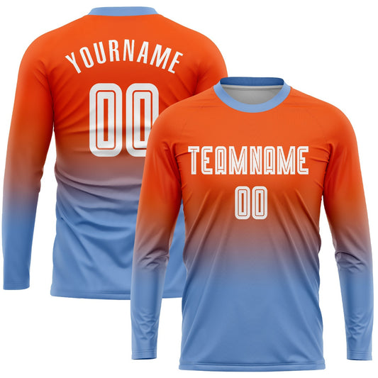 Maillot de football personnalisé à manches longues avec sublimation orange, blanc et bleu clair.