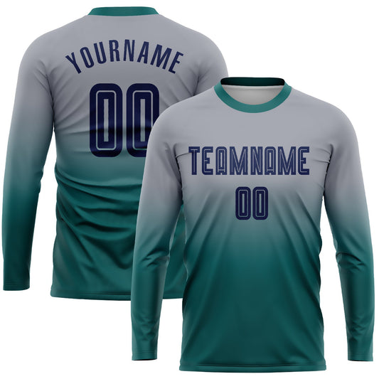 Maillot de football personnalisé à manches longues avec effet dégradé, bleu-gris et bleu marine, sublimé