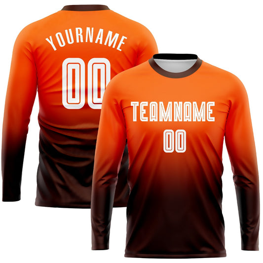 Maillot de football personnalisé à manches longues avec impression par sublimation orange, blanc et marron, effet délavé