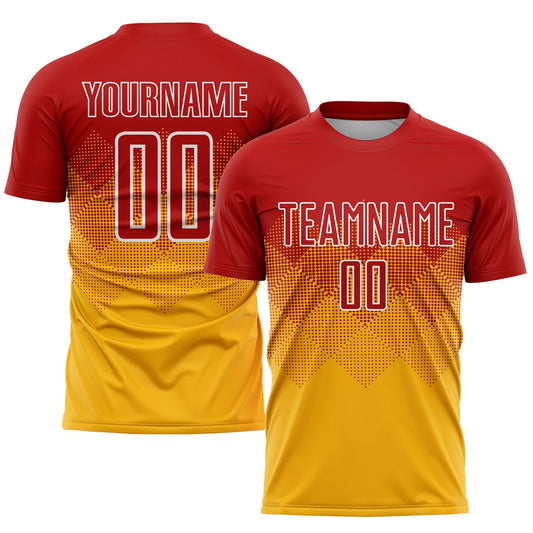 Maillot de football personnalisé par sublimation en rouge, blanc et or
