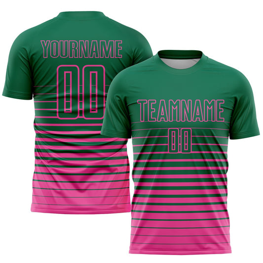 Maillot de football personnalisé et tendance par sublimation, à fines rayures roses et vertes de type Kelly.