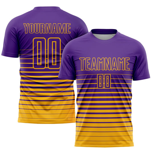 Maillot de football personnalisé et tendance, imprimé par sublimation, avec des rayures dorées et violettes.