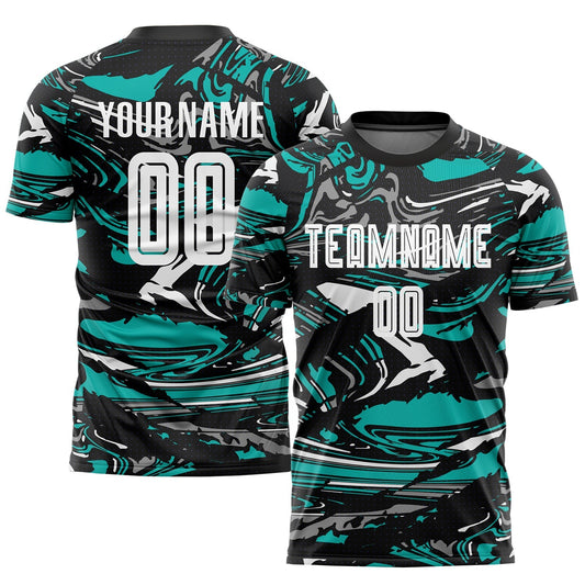 Maillot de football personnalisé par sublimation en blanc et turquoise