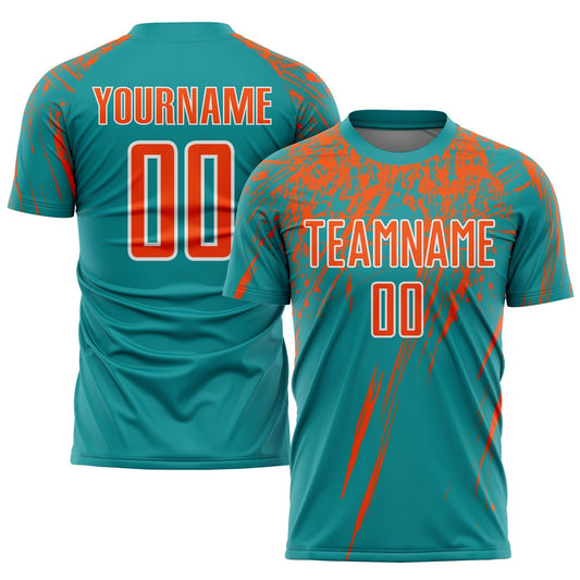 Maillot de football personnalisé avec impression par sublimation turquoise, orange et blanc