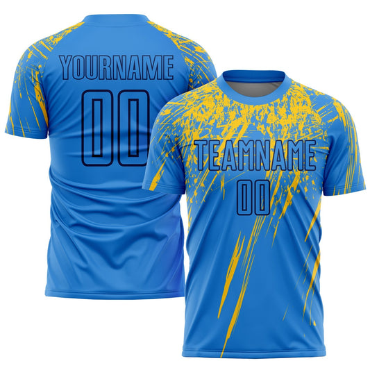Maillot de football personnalisé avec impression par sublimation en bleu clair, jaune et bleu marine