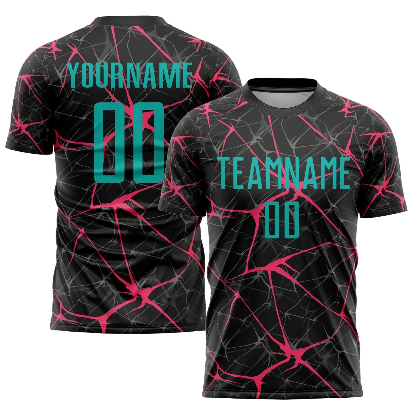Maillot de football personnalisé avec impression par sublimation en noir, rose fluo et turquoise