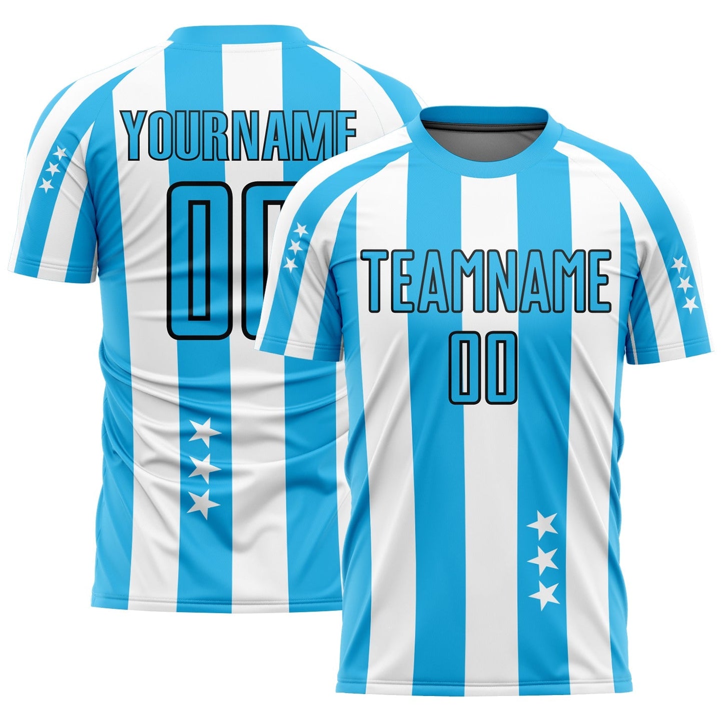 Maillot de football personnalisé avec étoiles et carrés sublimés, en blanc, bleu ciel et noir