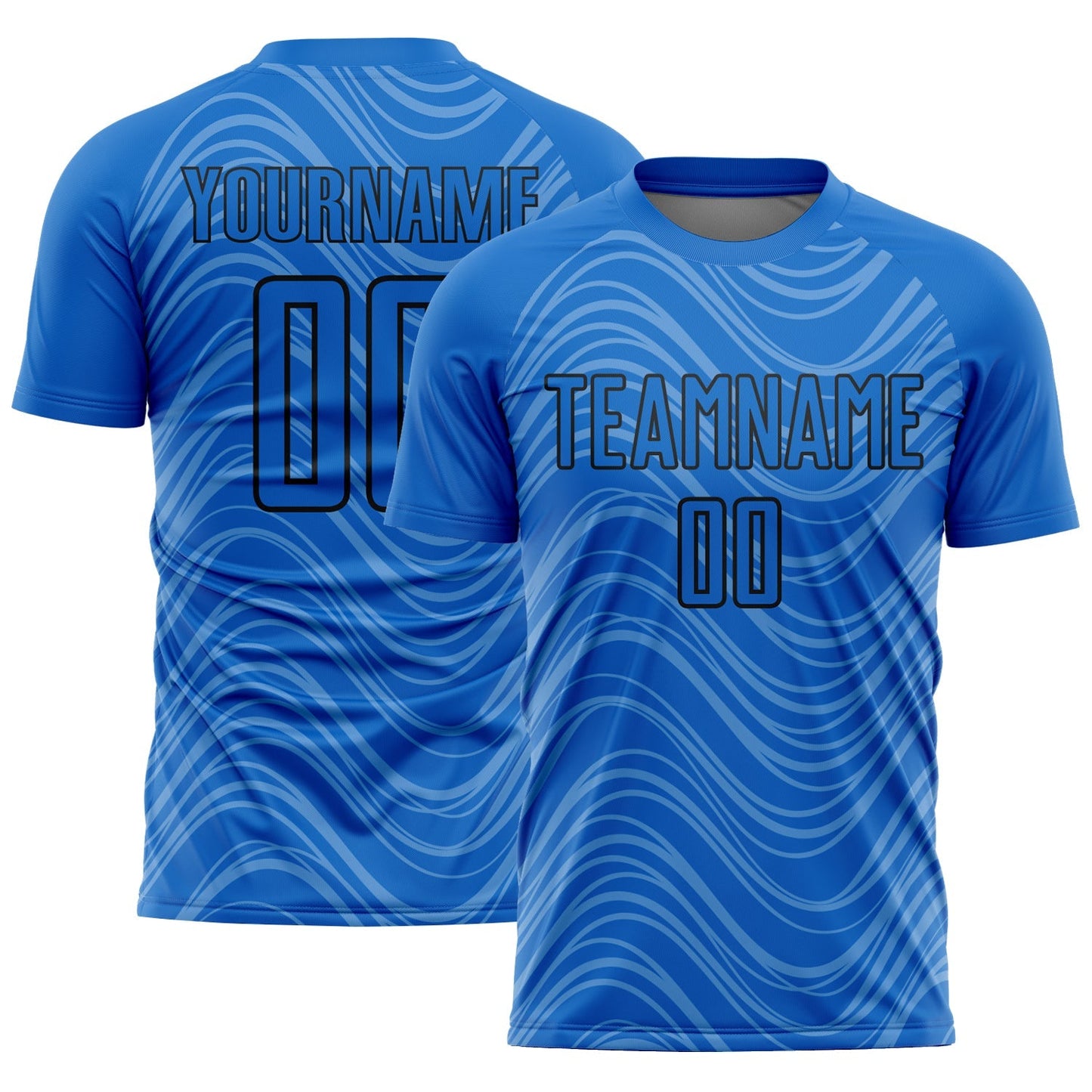 Maillot de football personnalisé avec des lignes ondulées sublimées bleu ciel et noir
