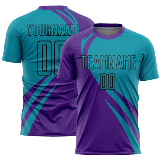 Maillot de football personnalisé avec des lignes courbes sublimées violettes, turquoise et noires