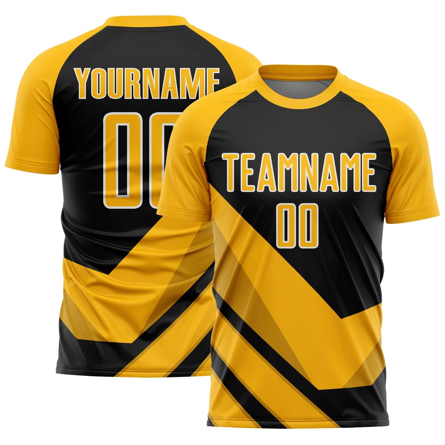 Maillot de football personnalisé avec flèches sublimées or, noires et blanches