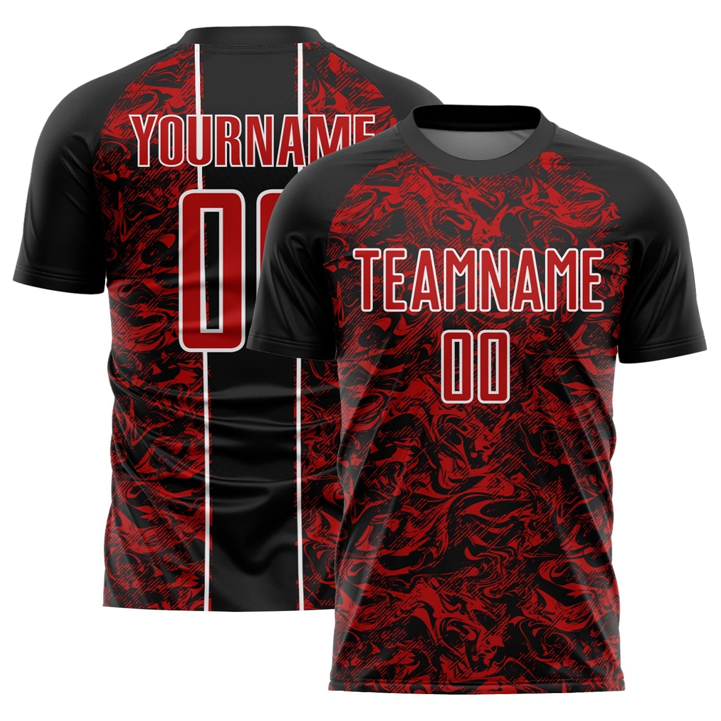 Maillot de football personnalisé avec impression par sublimation fluide abstraite, noir, rouge et blanc