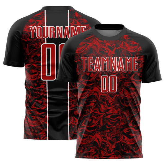 Maillot de football personnalisé avec impression par sublimation fluide abstraite, noir, rouge et blanc