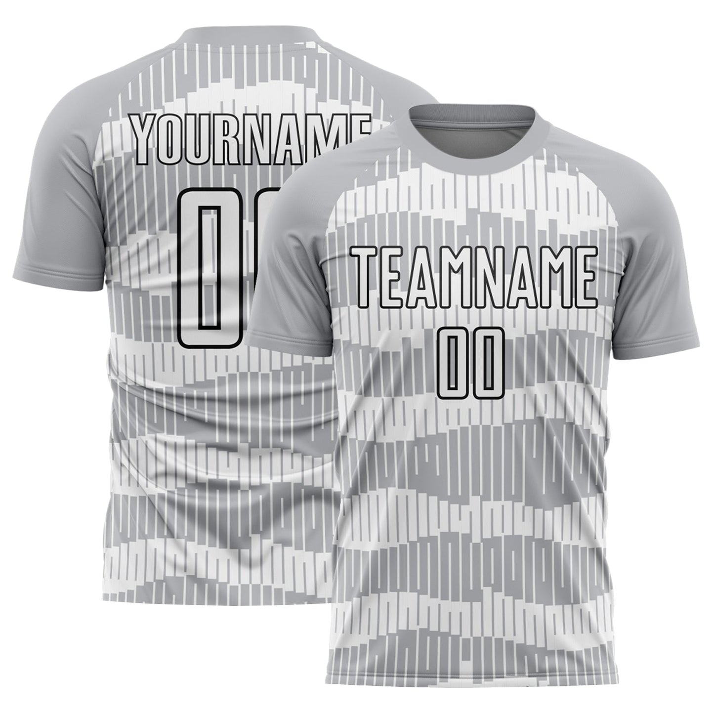 Maillot de football personnalisé avec rayures noires et blanches sublimées sur fond gris