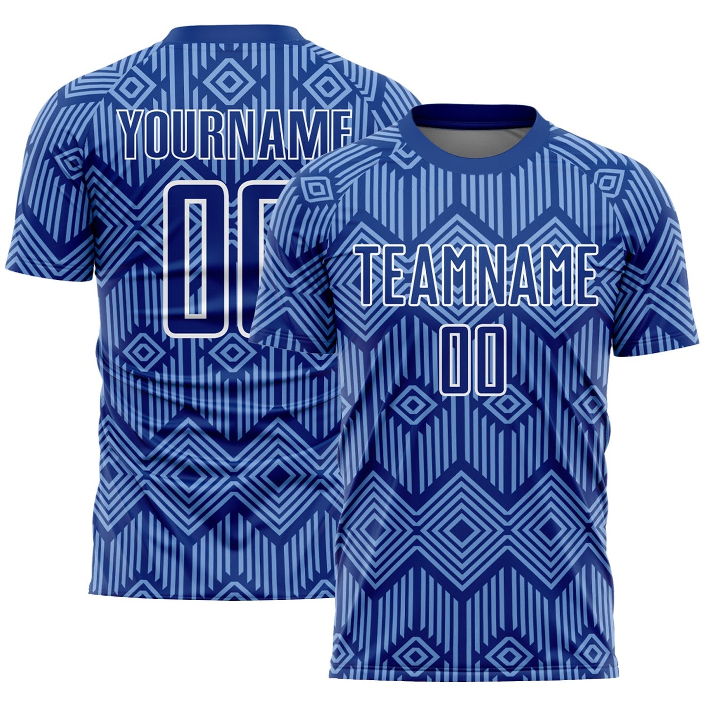 Maillot de football personnalisé avec sublimation de formes géométriques abstraites en bleu roi clair et blanc