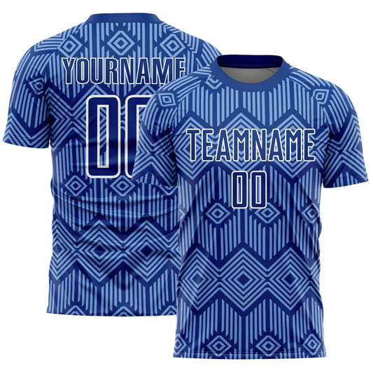 Maillot de football personnalisé avec sublimation de formes géométriques abstraites en bleu roi clair et blanc