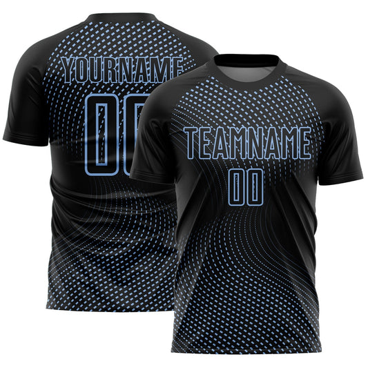 Maillot de football personnalisé avec des lignes géométriques sublimées bleu clair et noir