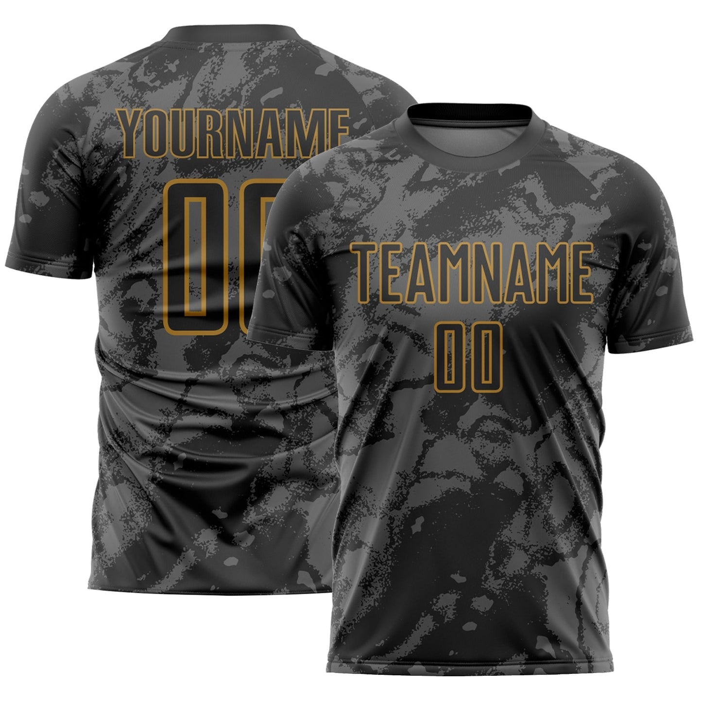 Maillot de football personnalisé avec sublimation d'un motif grunge abstrait, en noir, gris et or antique