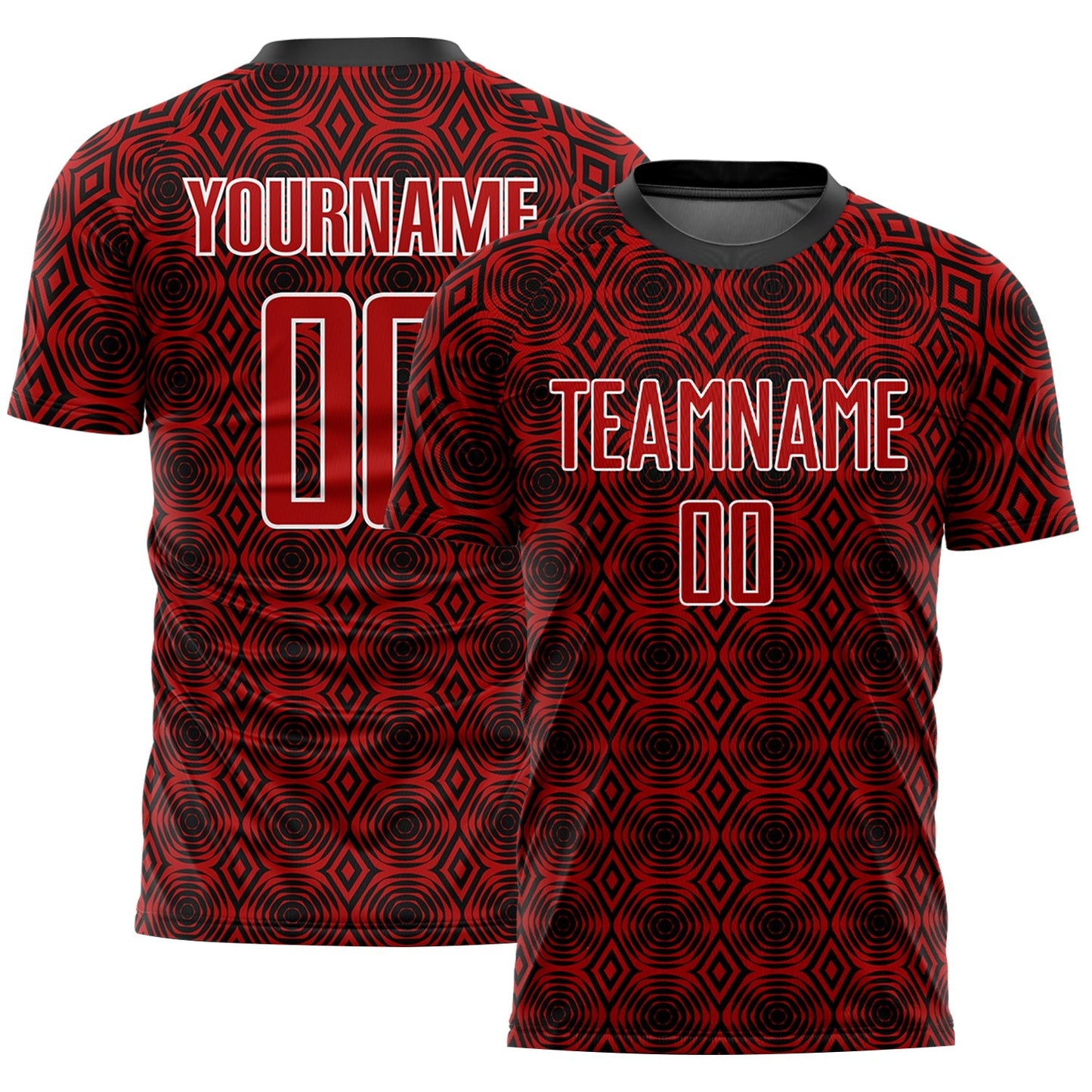 Maillot de football personnalisé avec des formes géométriques sublimées en rouge, noir et blanc